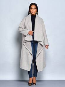 SOLERSUN Women's Simple Commuter Wool Jacket For Winter Long Sleeve Collar Can Be Worn Three Times As A Belt Scarf Asymmetrical Hem Long Tweed Jacket - Grey - View 4