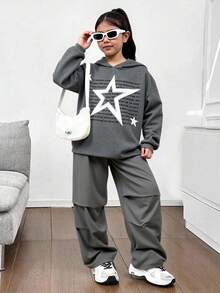 SHEIN Tween 女童休闲街头风星星字母图案连帽衫和斜纹布工装裤两件套运动服套装，儿童装，深灰色 - 深灰色 - 查看 1