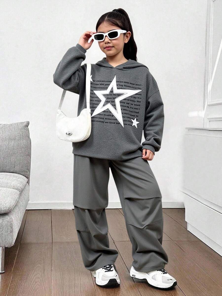 SHEIN Tween 女童休闲街头风星星字母图案连帽衫和斜纹布工装裤两件套运动服套装，儿童装，深灰色 - 深灰色 - 查看 1