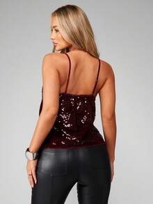 MISSGUIDED Áo hai dây đính sequin thanh lịch với viền ren, chất liệu nhung, thích hợp cho các buổi tiệc tối, lễ hội mùa đông thu. - Màu Đỏ Sâu - Xem 2