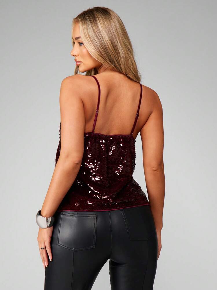 MISSGUIDED Elegant Sequin Cami Top With Lace Trim Velvet Texture Evening Party Holiday Camisole For Winter Fall Night Out
