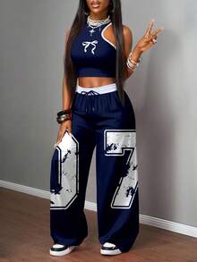 Slaydiva 2pcs/Set Women Casual Street Style Tight Camisole And Loose Pants Suit, Suitable For Street Wear