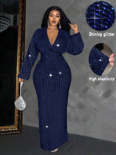 Maweii Plus Size Women's Elegant Sequin Deep V-Neck Long Sleeve Dress Maxi Women Outfit Christmas Party