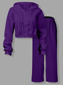 INAWLY 2 piezas Conjunto de top con capucha de manga larga y pantalones largos de cintura elástica de unicolor para mujer - Azul lavado medio - Ver 3