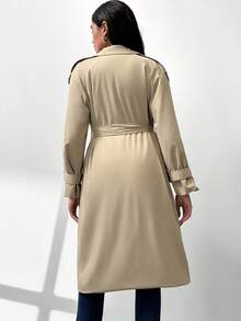 MaterniWear 孕妇工作纯色长袖双排扣腰带设计休闲常规外套，秋季 - 卡其色 - 查看 8