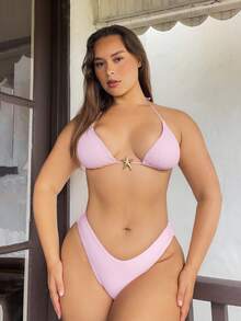 Nezia Cruz Bộ bikini màu hồng gợi cảm có dây đeo vai kim loại trơn cỡ lớn dành cho nữ, mùa hè - Hồng - Xem 1
