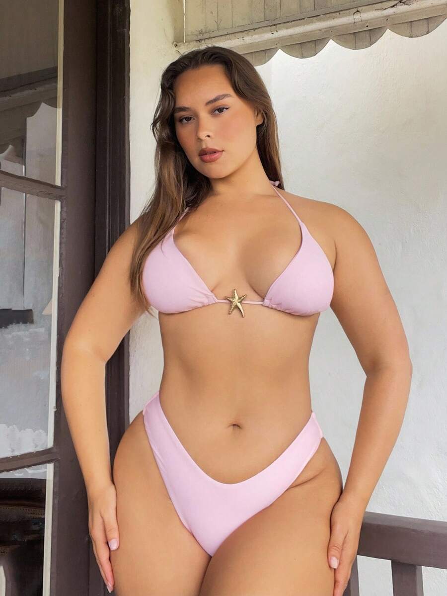 Nezia Cruz Bộ bikini màu hồng gợi cảm có dây đeo vai kim loại trơn cỡ lớn dành cho nữ, mùa hè - Hồng - Xem 1