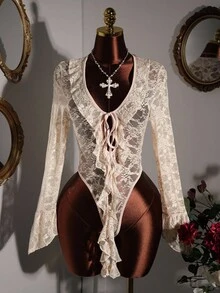 Y2K Amplova 浪漫圣诞新年感恩节派对女士蕾丝拼接巴洛克风格透视深V领系带连体衣