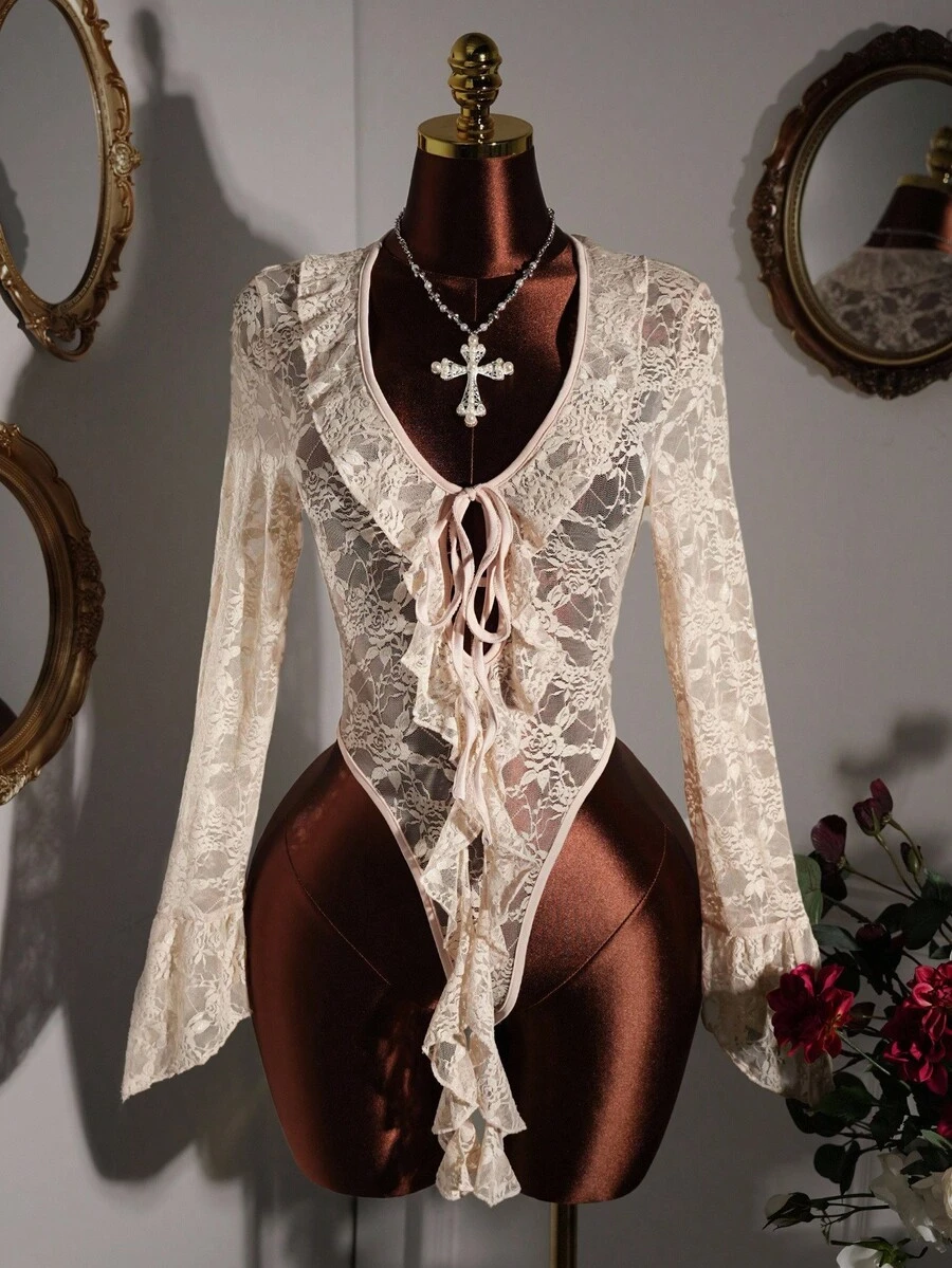 Y2K Amplova 浪漫圣诞新年感恩节派对女士蕾丝拼接巴洛克风格透视深V领系带连体衣