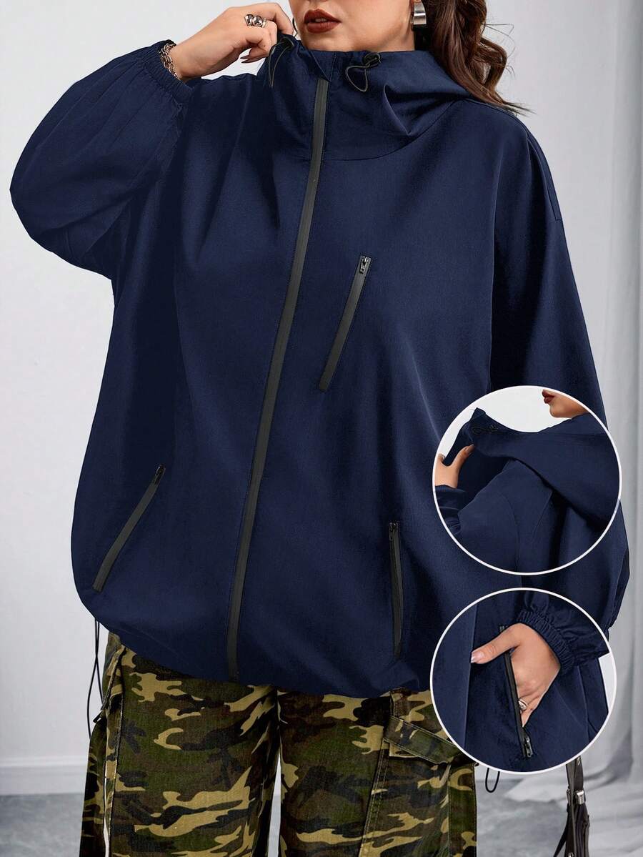 SHEIN CURVE+ Áo khoác có mũ trùm đầu Curves Plus Size/Quần áo đi học/Quần áo trở lại trường/Áo khoác có mũ trùm đầu dây rút vai trễ dành cho nữ cỡ lớn, Quần áo mùa thu dành cho nữ, Mùa đông, CURVE PLUS - Màu xanh hải quân - Xem 1