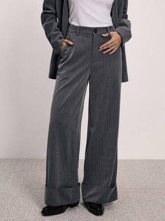 ATUI Studio Women's Simple Striped Print Loose Wide-Leg Suit Pants, Suitable For Work And Daily Commute, Belt Not Included, Christmas Outfit For Women,New Year Look,Party Outfit ,Thanksgiving Outfits, Effortless Chic Essential, Casual Versatile Business Wear, Old Money Aesthetic, Minimalism Essential, Avant-Garde Suit