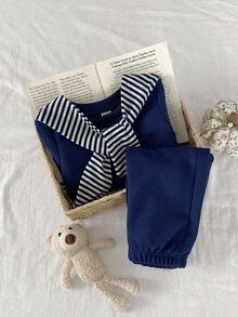 SHEIN 3 件套女婴幼儿新生儿 0-3 岁秋冬时尚百搭服装套装：可拆卸披肩 + 长袖圆领运动衫 + 裤子 - 藏蓝色 - 查看 3