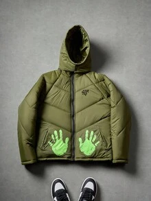 Manfinity Roghcode Men's Olive Green Winter Streetwear Zip-Up Hooded Long Sleeve Coat,Detachable Hood,Letter & Palm Print Design,Casual Work Outings,Autumn/Winter Gift - Green - View 1