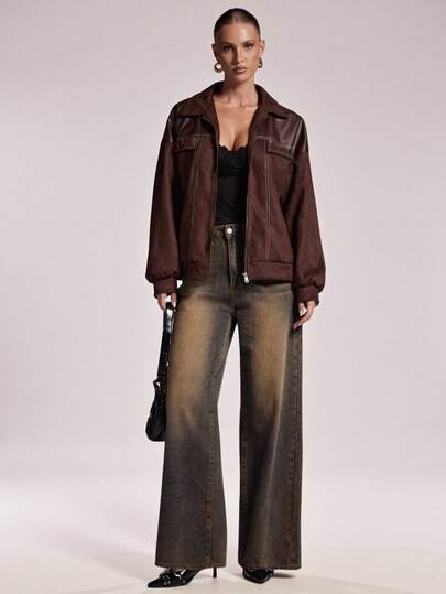 SHEIN BAE Women's Regular Fit Faux Suede And PU Blend Long-Sleeve Single-Zip Oversized Casual Jacket Autumn/Winter Wear Women's Pockets With Metal Zippers Casual Street Style Warm And Fashionable,Fall Cute Streetwear Festival Farmhouse, Country, Vintage, Fall Autumn Office Work