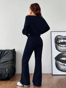 SHEIN EZwear 女式春夏基本款针织纯灰色宽松露肩不对称领口长袖运动衫和喇叭裤健身套装，两件套服装 - 藏蓝色 - 查看 2