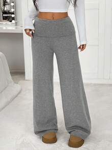 SHEIN EZwear 女款秋冬新款灰色翻领腰带超低腰针织毛衣裤 - 灰色 - 查看 3