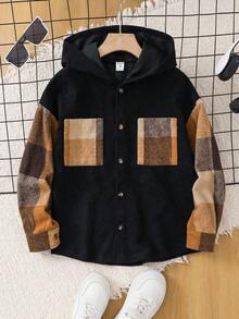 SHEIN 男童休闲日常舒适拼接格纹衬衫，翻领开襟宽松长袖，适合生日派对、晚宴、演出、婚礼、洗礼、开幕式等场合，日常穿着舒适，适合上学、旅行和运动，是秋冬季节的理想之选。 - 黑色 - 查看 3