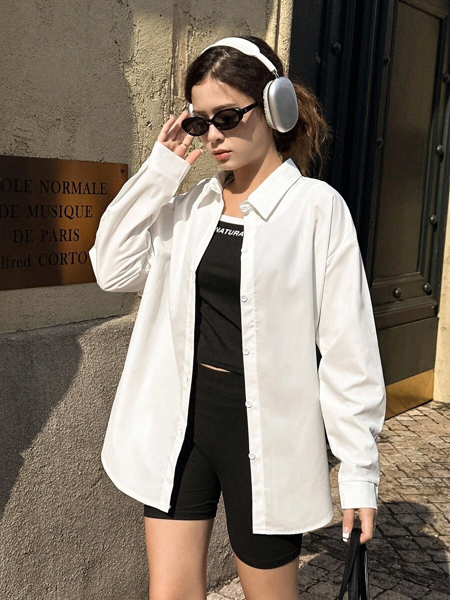 Camicetta bianca a maniche lunghe con colletto alla coreana per ragazze/adolescenti