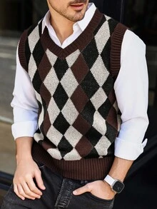Manfinity Mode Men's Contrast Argyle Knit Sweater Vest, Fall/Winter - Multicolor - View 3