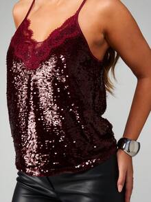 MISSGUIDED Áo hai dây đính sequin thanh lịch với viền ren, chất liệu nhung, thích hợp cho các buổi tiệc tối, lễ hội mùa đông thu. - Màu Đỏ Sâu - Xem 4