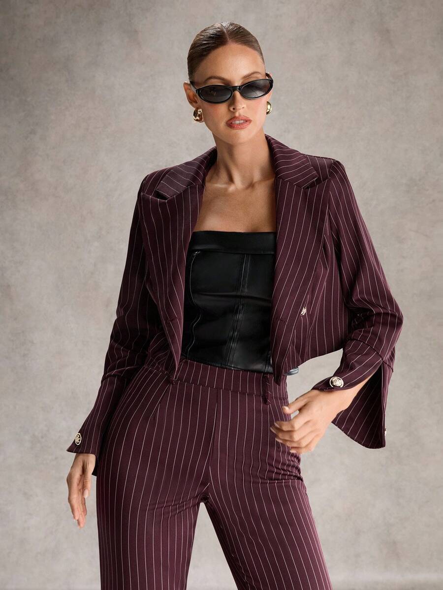 SHEIN Unity 女式梭织竖条纹咖啡棕色短袖时尚修身西装外套，春秋季