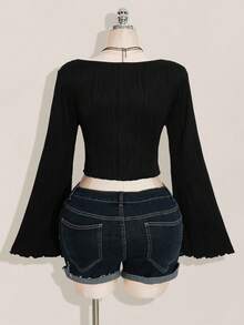 SHEIN ICON 女士大码秋冬保暖性感复古千禧风Y2K针织纹理面料前中蝴蝶结喇叭袖长袖不对称下摆黑色上衣 - 黑色 - 查看 2