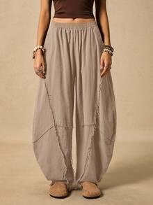 Easelle 女士休闲斜插口袋毛边裤筒裤宽松裤肥大服纱布服装 - 駝色 - 查看 3