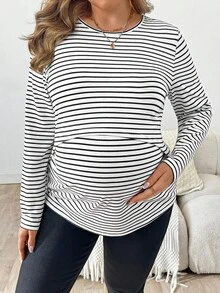 SHEIN 大码孕妇休闲条纹花卉印花哺乳T恤，百搭日常穿着，春秋季