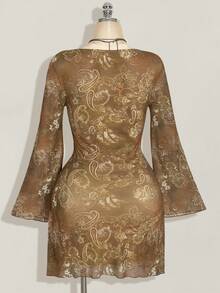 SHEIN ICON Váy cỡ lớn cho nữ mùa thu, váy dài tay cho nữ, váy lễ hội tay chuông lưới Paisley cổ điển Y2k gợi cảm cho ngày lễ - màu nâu - Xem 2