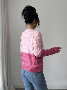 Qadelle Women's Contrast Color V-Neck Long Sleeve Casual Loose Knit Sweater, Autumn/Winter - Pink - View 4