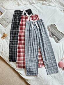 SHEIN 3件套女士休闲缎面蝴蝶结松紧腰格子印花睡裤套装，秋冬服装 - 彩色 - 查看 4