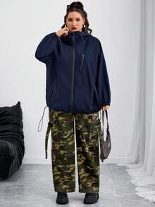 SHEIN CURVE+ Áo khoác có mũ trùm đầu Curves Plus Size/Quần áo đi học/Quần áo trở lại trường/Áo khoác có mũ trùm đầu dây rút vai trễ dành cho nữ cỡ lớn, Quần áo mùa thu dành cho nữ, Mùa đông, CURVE PLUS - Màu xanh hải quân - Xem 6