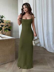 Jemour 女士优雅简约性感交叉露背开衩紧身中长款针织吊带裙 - 軍綠色 - 查看 4