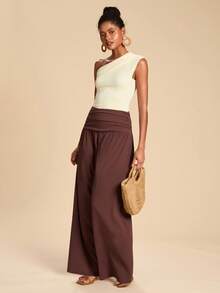 Travachic Women's Casual Solid Color Pleated High Waist Loose Brown Wide Leg Pants, Elegant Pant, Casual Style,Going Out Outfits