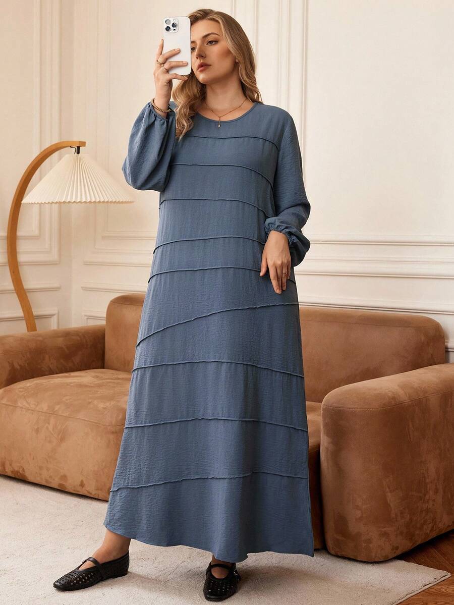 Rosumi Plus Size Women Solid Round Neck Long Sleeve Dress,Fall Clothes