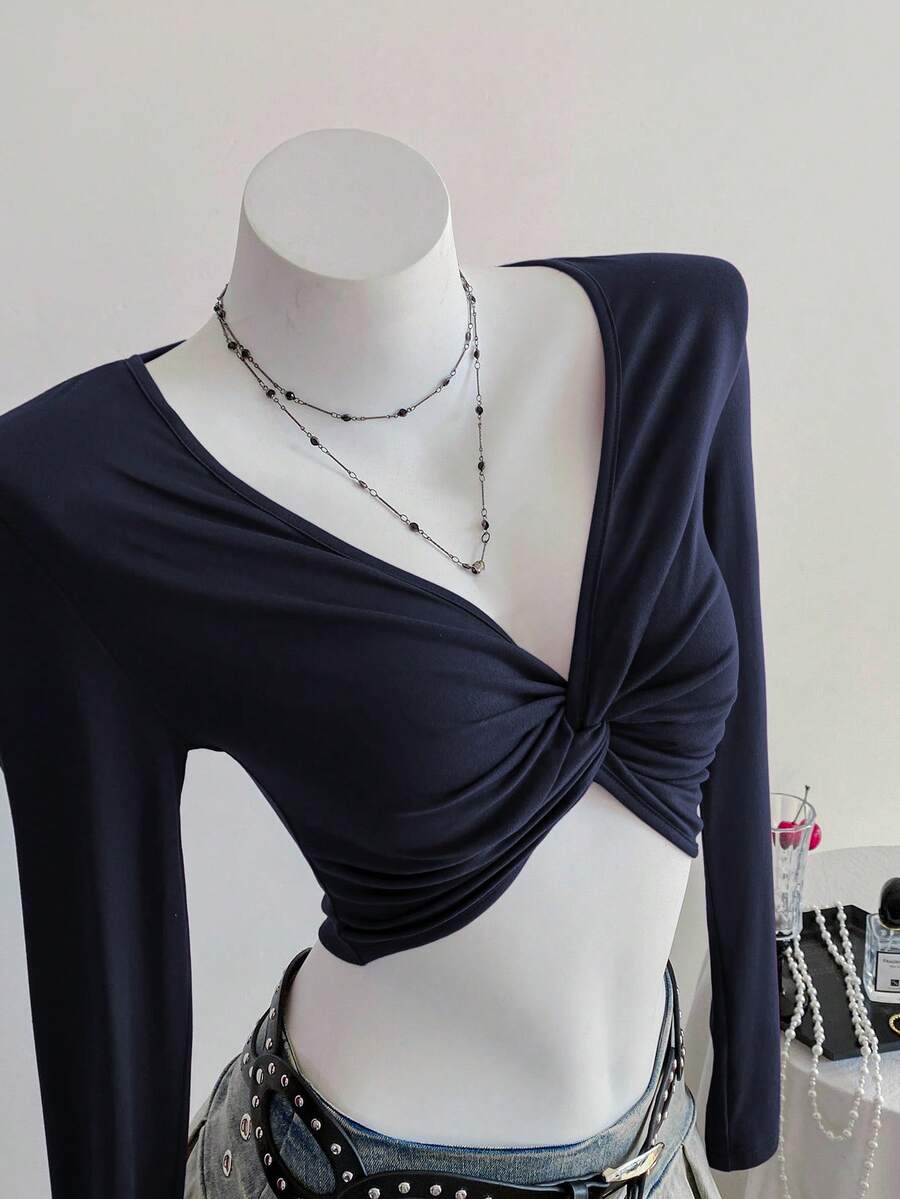 SHEIN Unity Áo crop top tay dài màu trơn đơn giản, xoắn phía trước dành cho nữ - Màu xanh hải quân - Xem 1