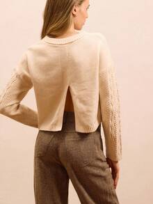 lacRébo Pull avec manches câblées et détail de fente au dos, vêtements d'automne pour femmes, tenues d'automne, vêtements d'automne et d'hiver pour femmes - Nude - Voir 6