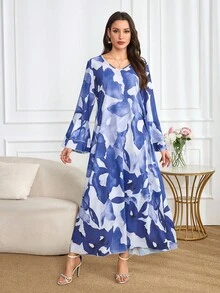 Yasmyna 女式撞色 V 领喇叭袖荷叶边下摆休闲宽松阿拉伯风格连衣裙 - 藍色 - 查看 5