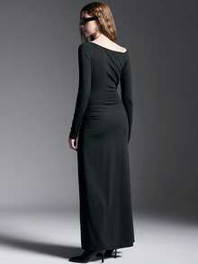INAWLY 1 pieza Conjunto de vestido largo ligero con abertura plisada artística y etiqueta de metal - Negro - Ver 3