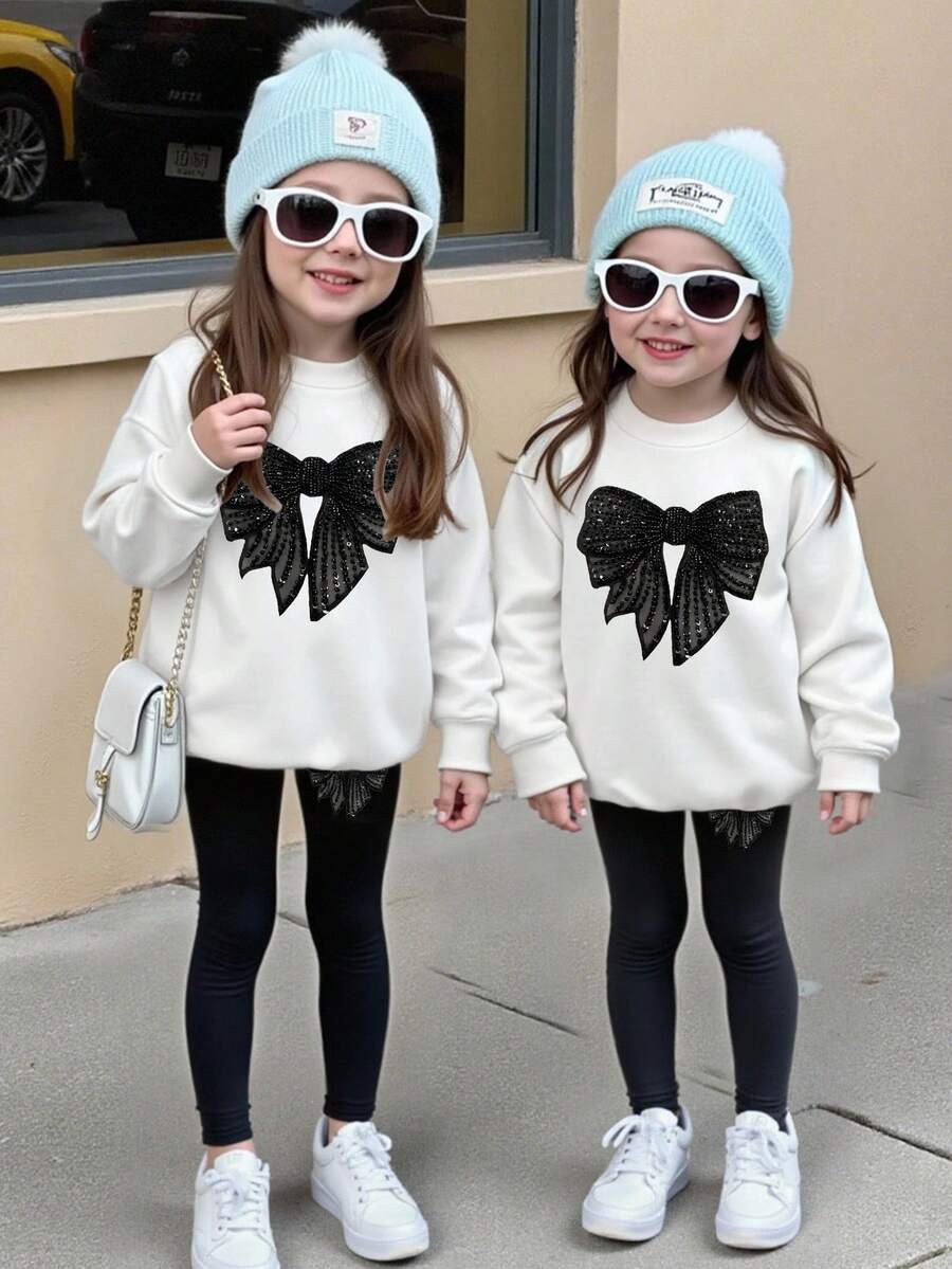 SHEIN 2pcs/Set Girls Autumn/Winter Fashion Creative Minimalist Black Glitter Bow Design Print Crew Neck Sweatshirt And Leggings Outfit, Comfortable And Stylish - Multicolor - View 1