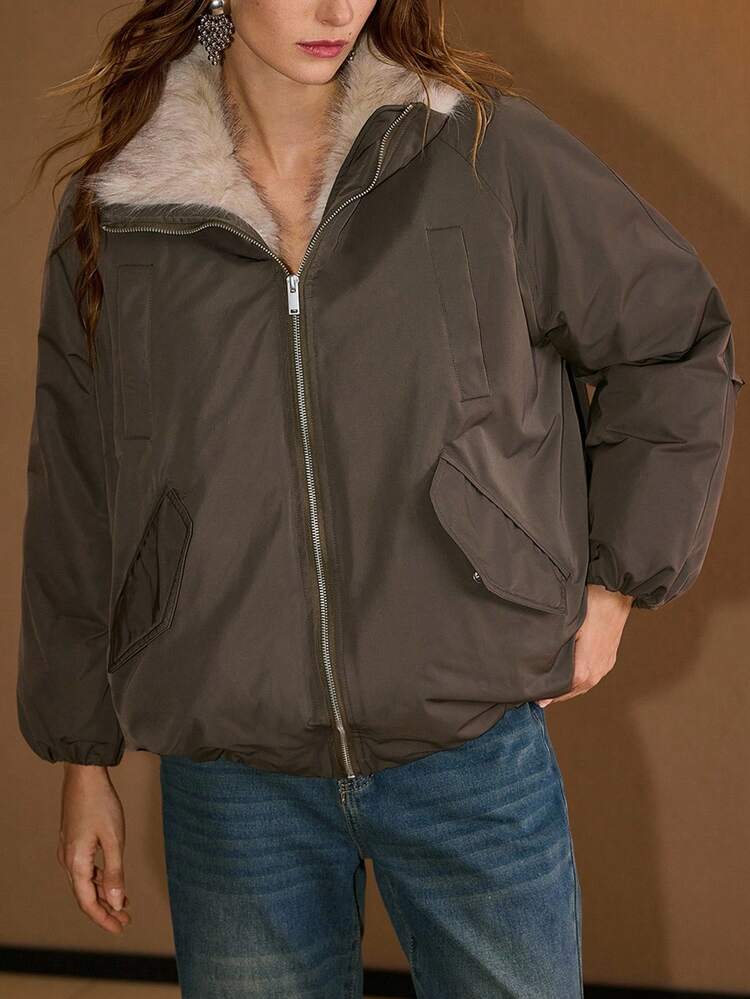 CONTRAST FUZZY ZIP UP WINTER COAT