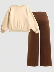 SHEIN Girlism Tween Girls Casual Heart Print Knit Solid Khaki Color Loose Drop Shoulder Long Sleeve Hoodie And Solid Brown Color Wide Leg Sweatpants Set, Suitable For Autumn Winter Daily Wear Teen Girl Brown Set Kids Wide Leg Pants Girl Wide Leg Pants Tween Girl Sweatshirt Pants Set Girls Heart Sweatshirt Set, Khaki And Brown Sweatshirts Outfits Fall, Girl Clothes Autumn And Winter Clothes Girl Brown Outfit Full Outfit Set Girls Brown Outfit Brown Outfit Set