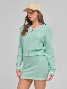 Menodora SHEIN Sport Women Solid Color Zip-Up Long Sleeve Top And Striped Print Skirt Sweater 2 Pieces Set Autumn Winter Clothes For Women - Green - View 5