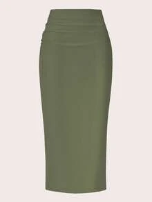 SHEIN Clasi 女式纯色褶皱 PU 皮裙 - 軍綠色 - 查看 3