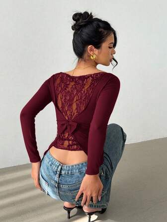 Siren Gaze Women's Lace Patchwork Backbow Tie Slim Fit Long Sleeve Cold Shoulder Top,Red Top Winter Christmas Elegant