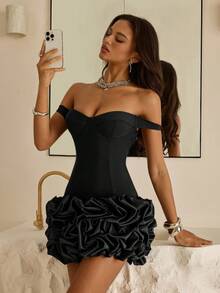 Vowa Elegante vestido ajustado con escote en V, hombros descubiertos, parches de punto marrón, volantes florales en el bajo, adecuado para citas, vacaciones, cumpleaños, bodas, graduaciones, fiestas de cóctel