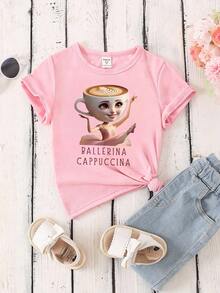 少女基础款卡通图案浅粉色圆领短袖T恤 - 黑色 - 查看 3