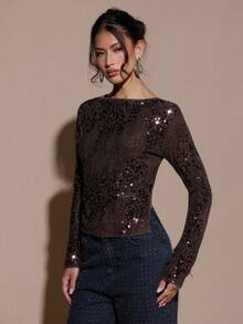 SHEIN BAE Women's Fashionable Sexy Sequin Backless Long Sleeve T-Shirt