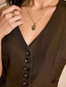 Poéselle 女款百搭單件上衣，適合辦公、工作、休閒穿著，深V領鈕扣設計搭配腰部繫帶 - 棕色 - 查看 4