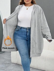 SHEIN CURVE+ Felpa con cappuccio casual con chiusura lampo e tasche, tinta unita, taglie comode, abbigliamento autunnale/invernale da donna